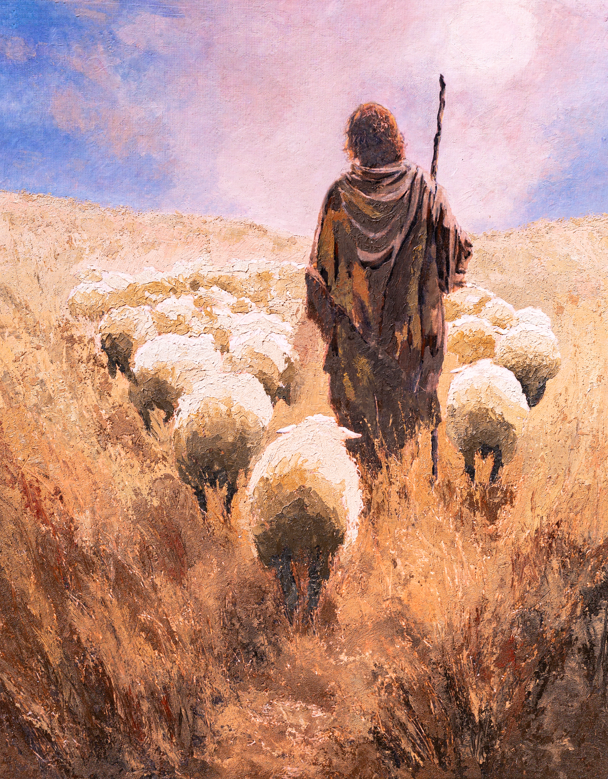 Eternal Shepherd, a shepherd and sheep painting by Martin Osner in acrylic impasto