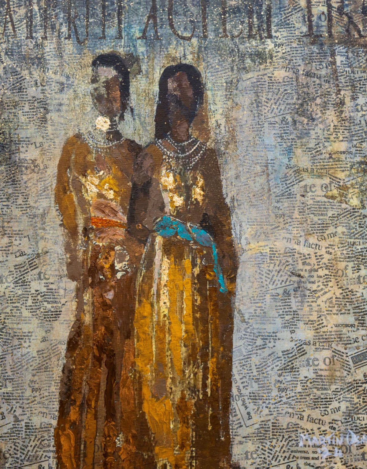 The Golden Girls by Martin Osner, an original painting of two women dressed in gold