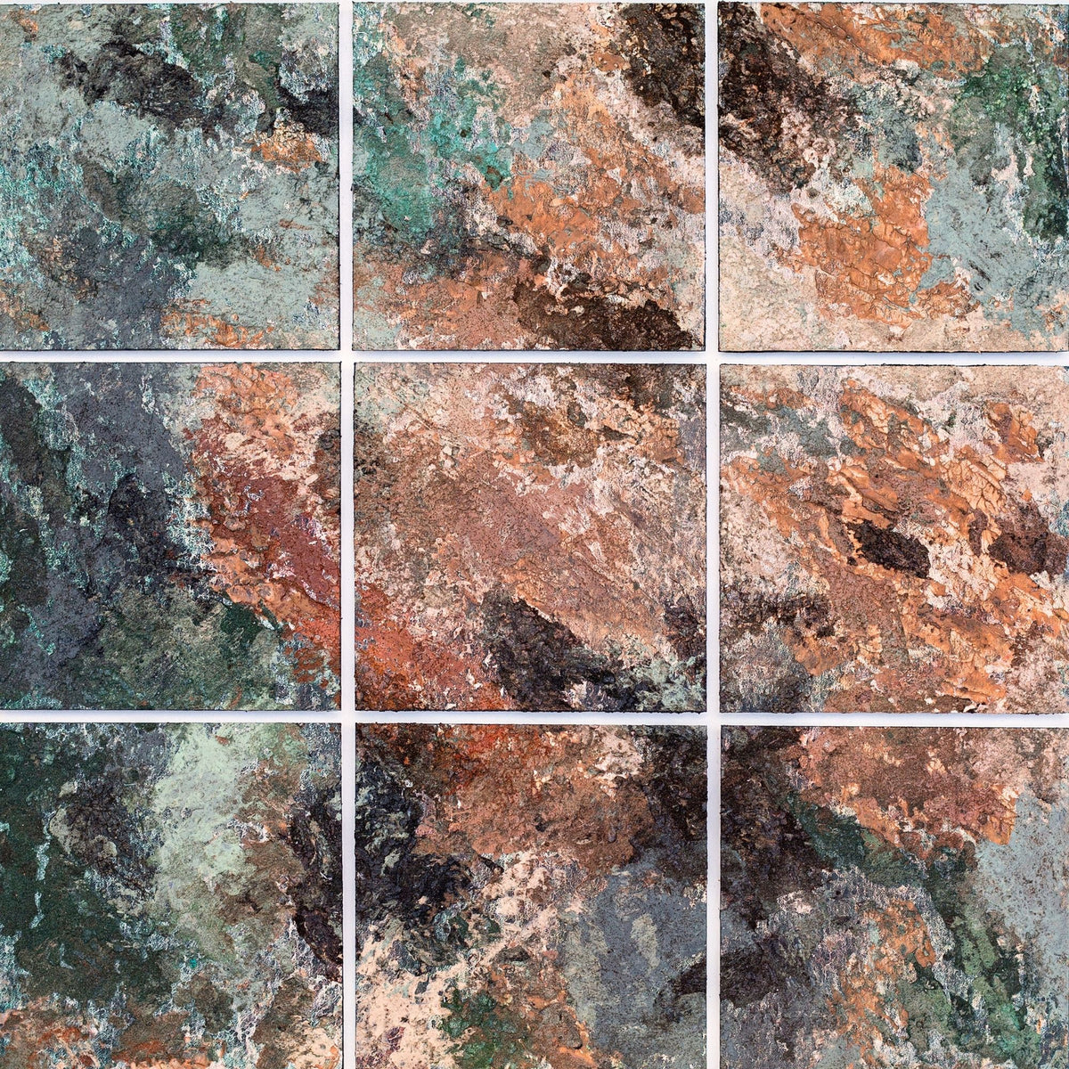 Analogous Anthology No.10 by Martin Osner, nine panels in copper and green