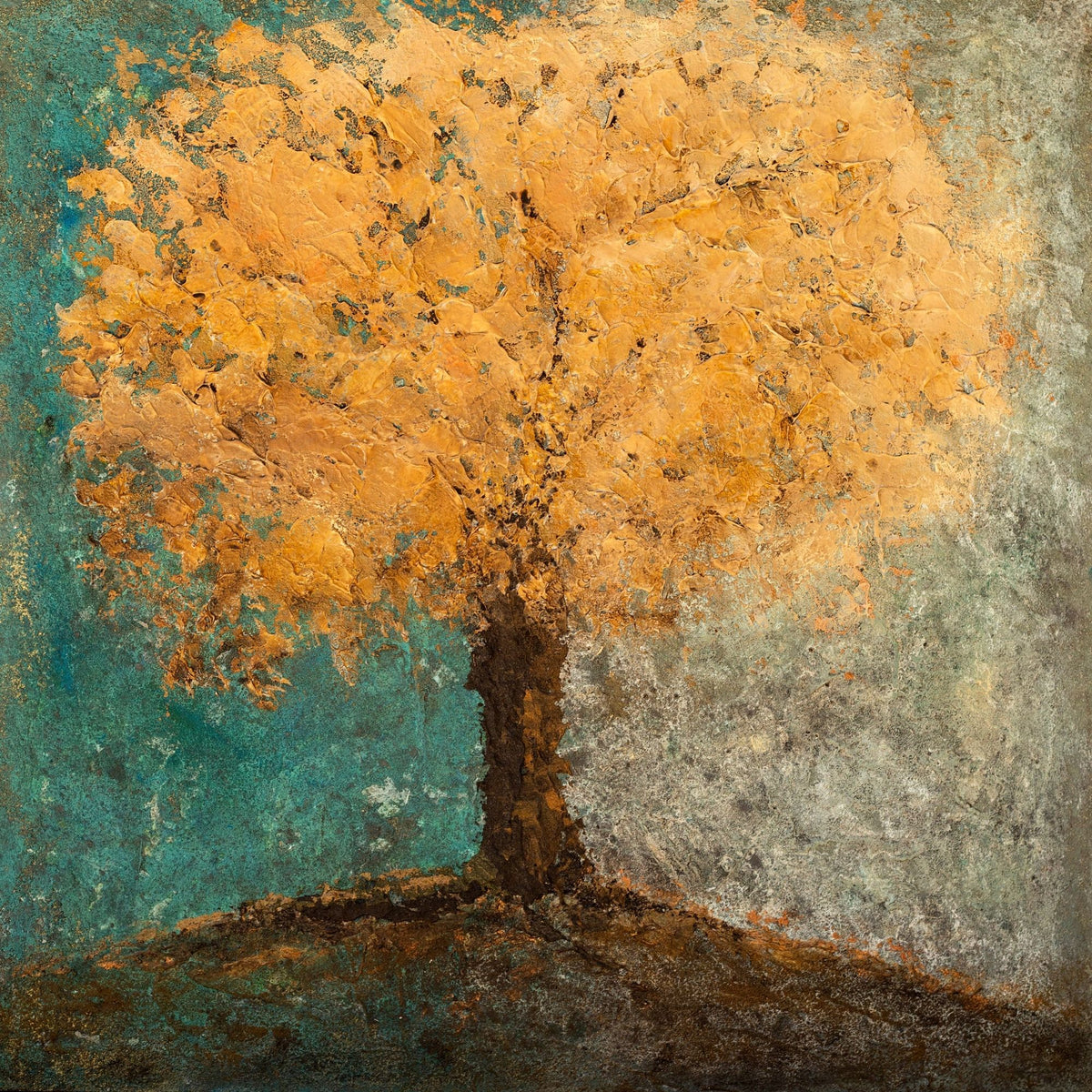 Eden by Martin Osner, a symbolic tree painting in gold and green tones