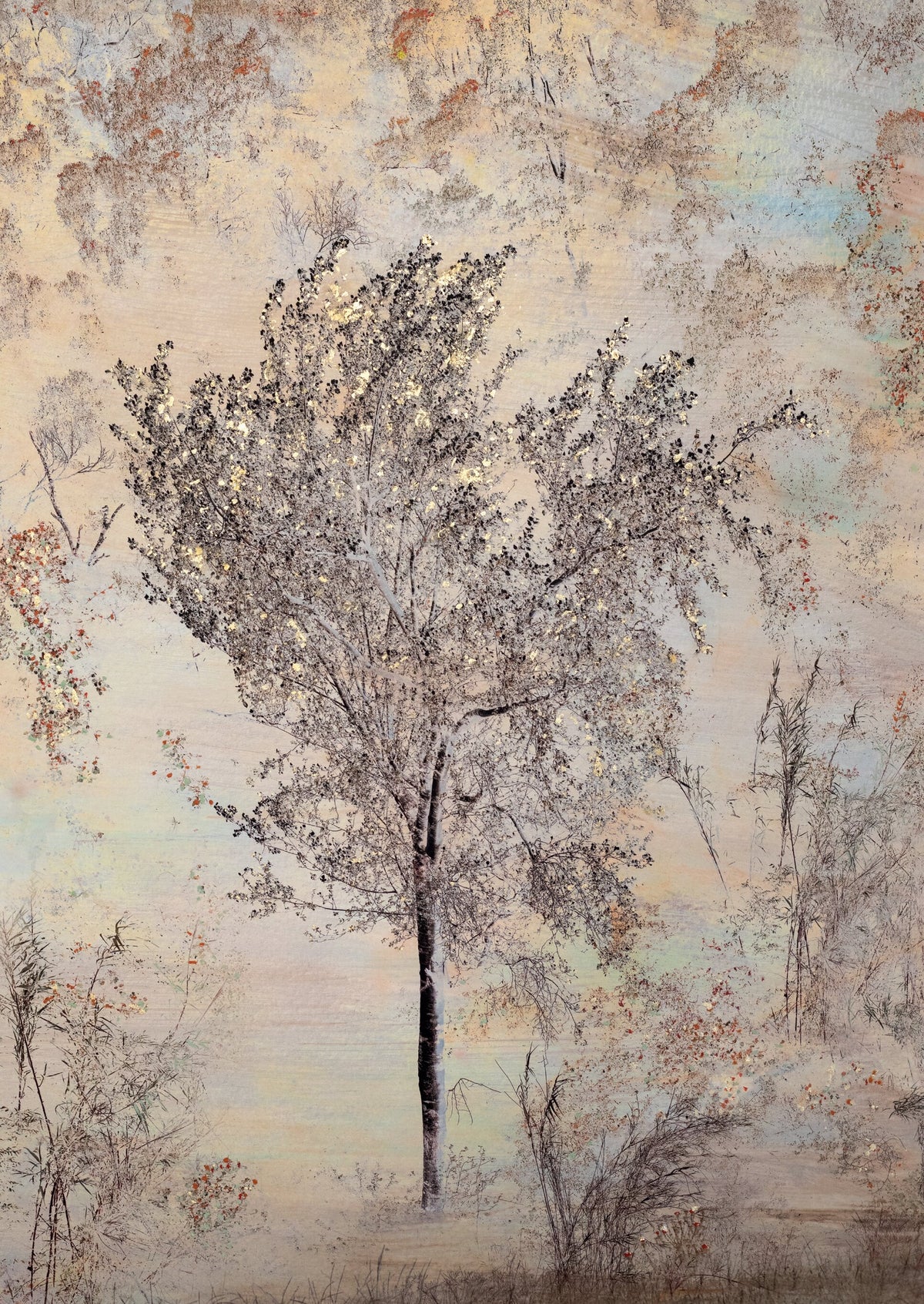 Whispers of Nature No.1 by Samantha Lee Osner, a pastel tree art print with gold leaf
