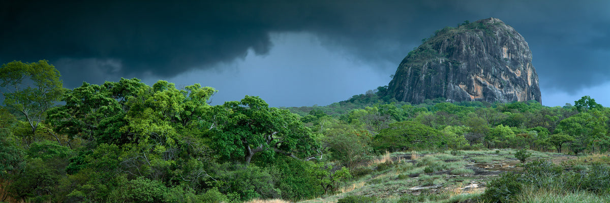 Coming Storm by Koos van der Lende, a dark storm sky over a granite inselberg and green bush