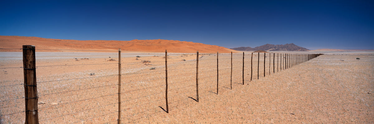 Fence by Koos van der Lende, a farm fence running to the horizon past a red dune in Namibia