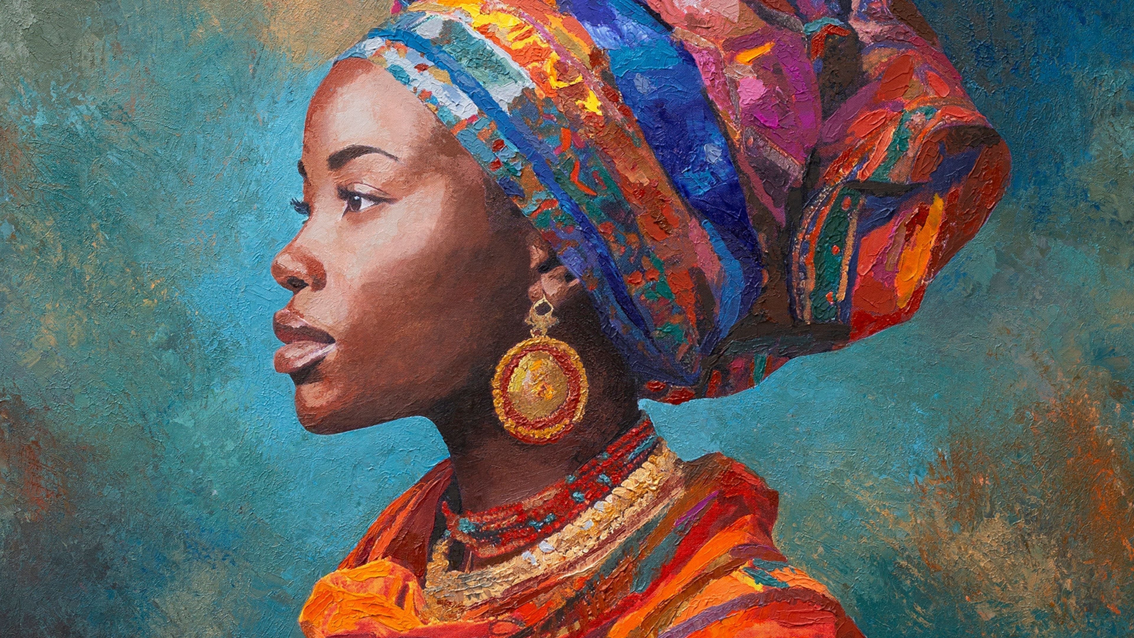 Original fine art painting of an African woman in profile wearing a vibrant patterned headwrap and ornate jewellery against a textured teal background