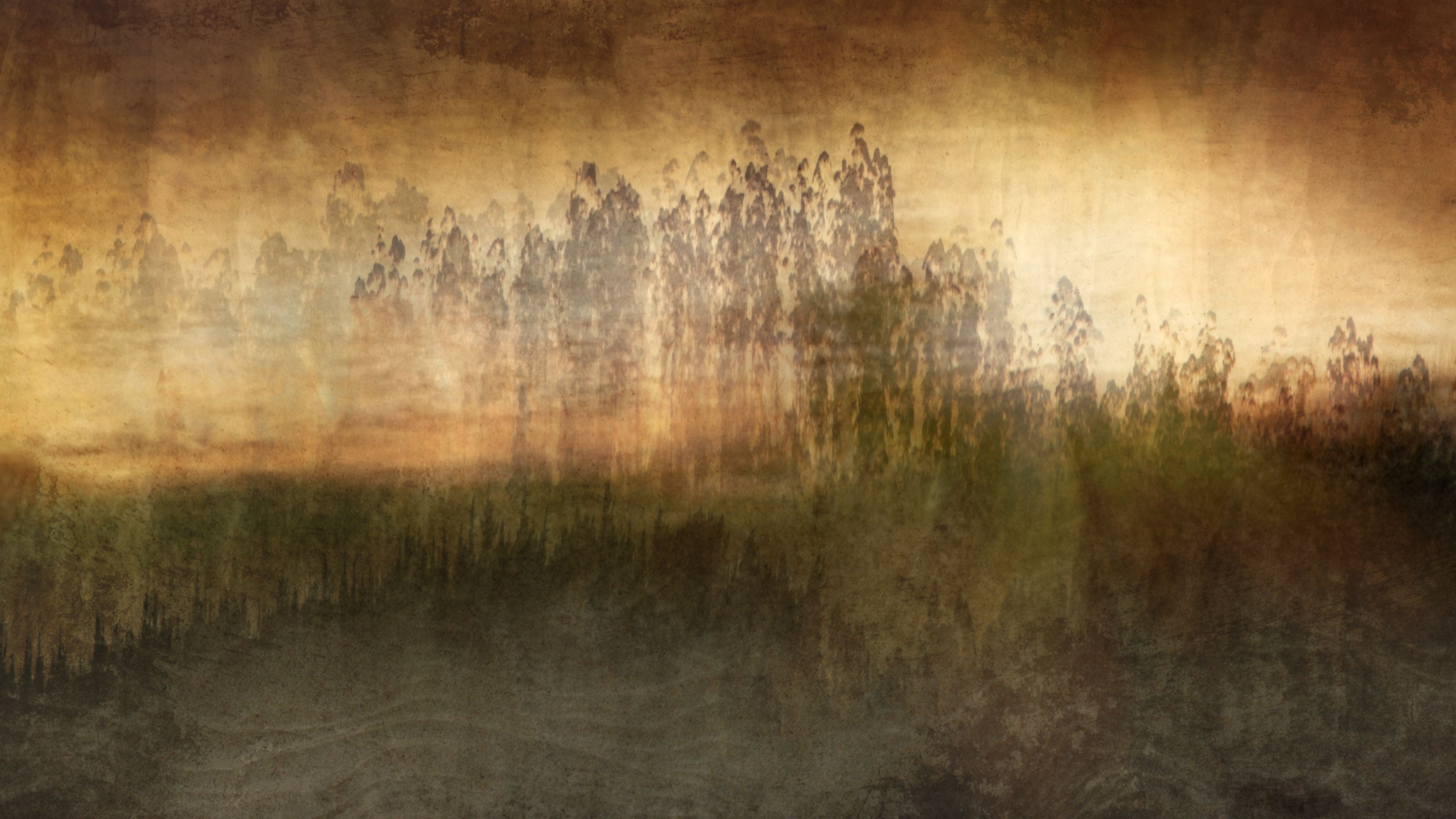 Impressionist landscape artwork with soft, painterly textures depicting a grove of trees at sunset in warm earthy tones