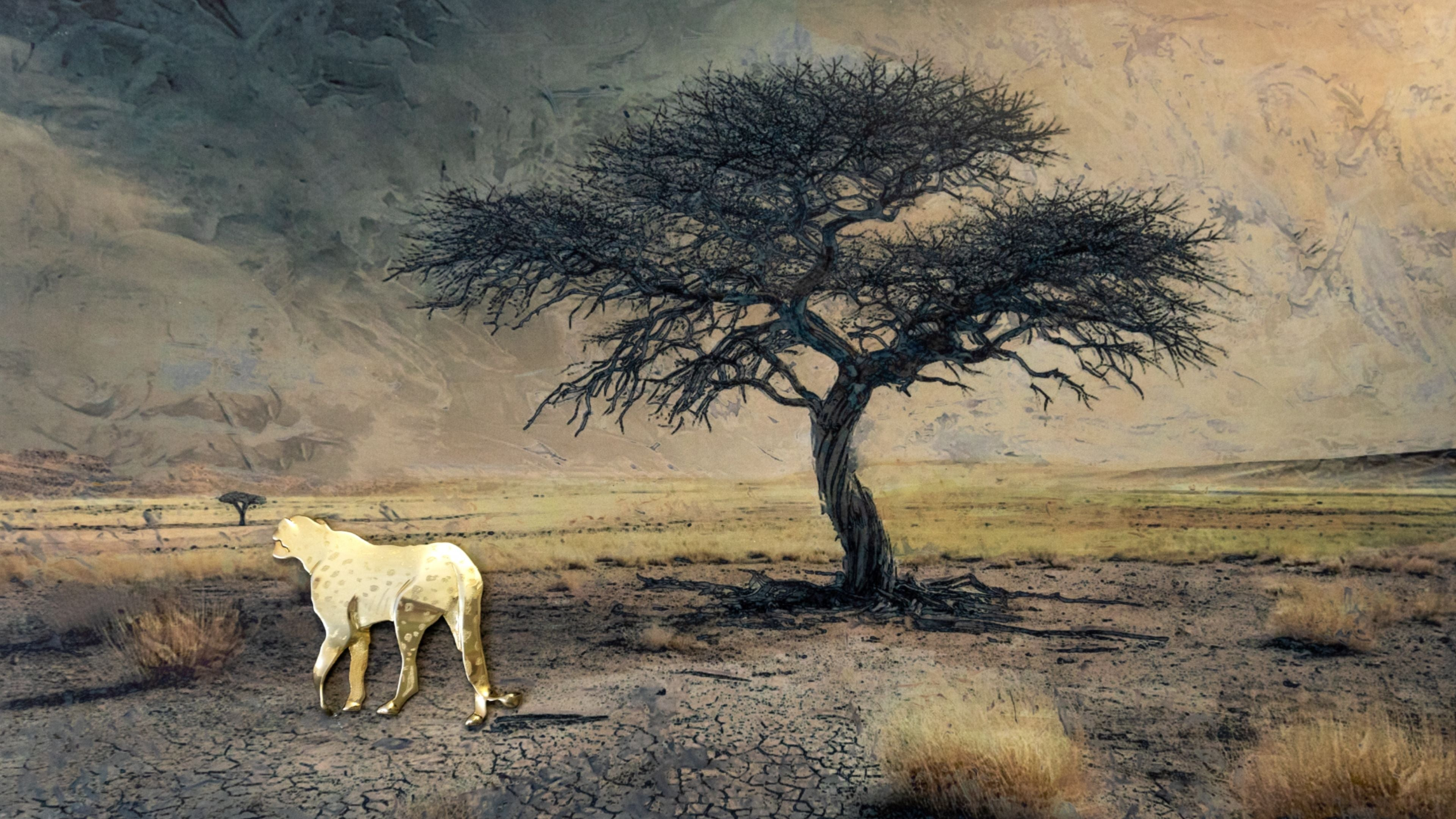A sculpture of a cheetah incorporated in an African bush veld painting with a thorn tree in the background