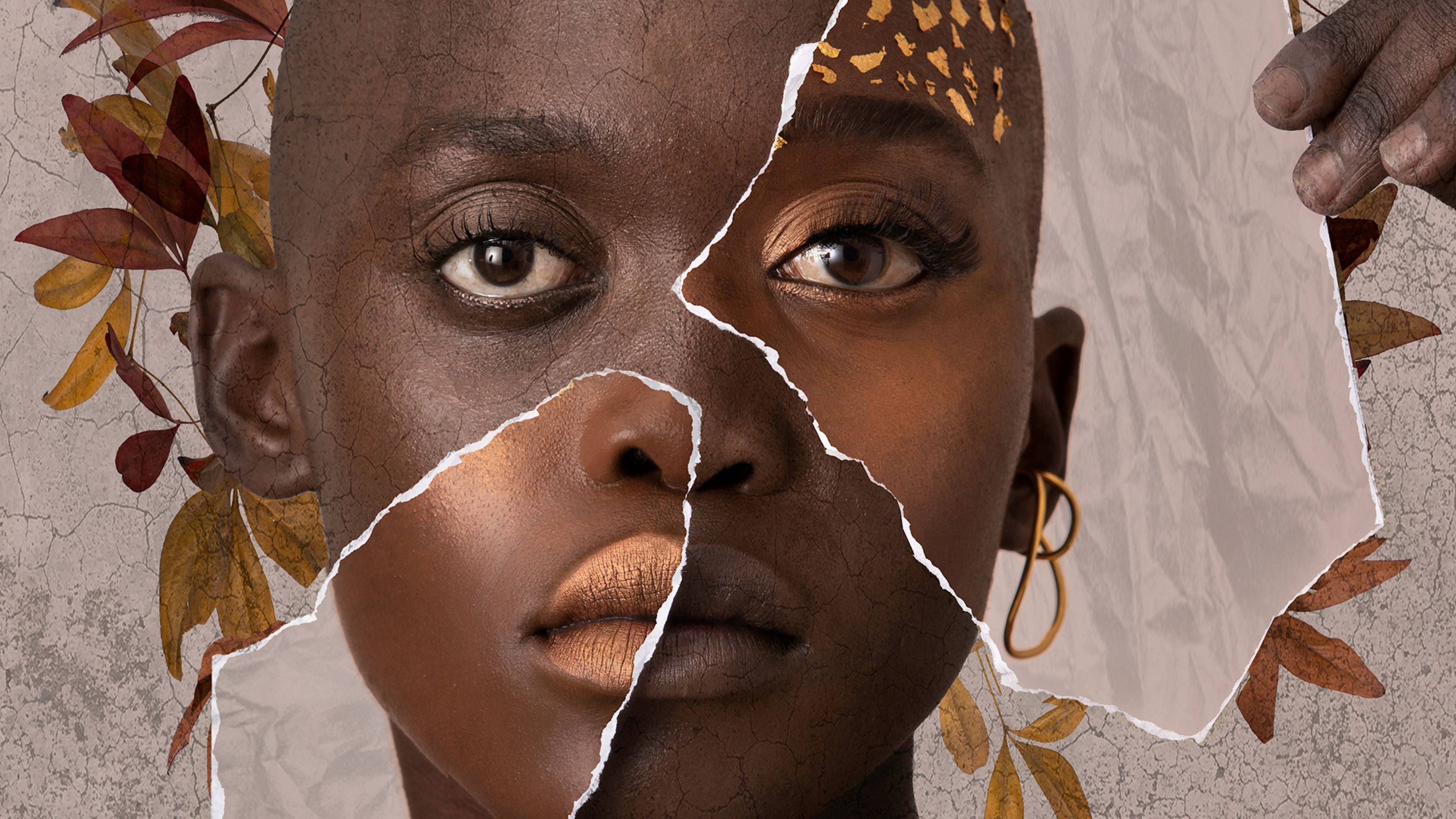 African-inspired mixed media portrait of a woman, composed of torn paper fragments, autumn leaves, gold accents, and textured photographic elements.