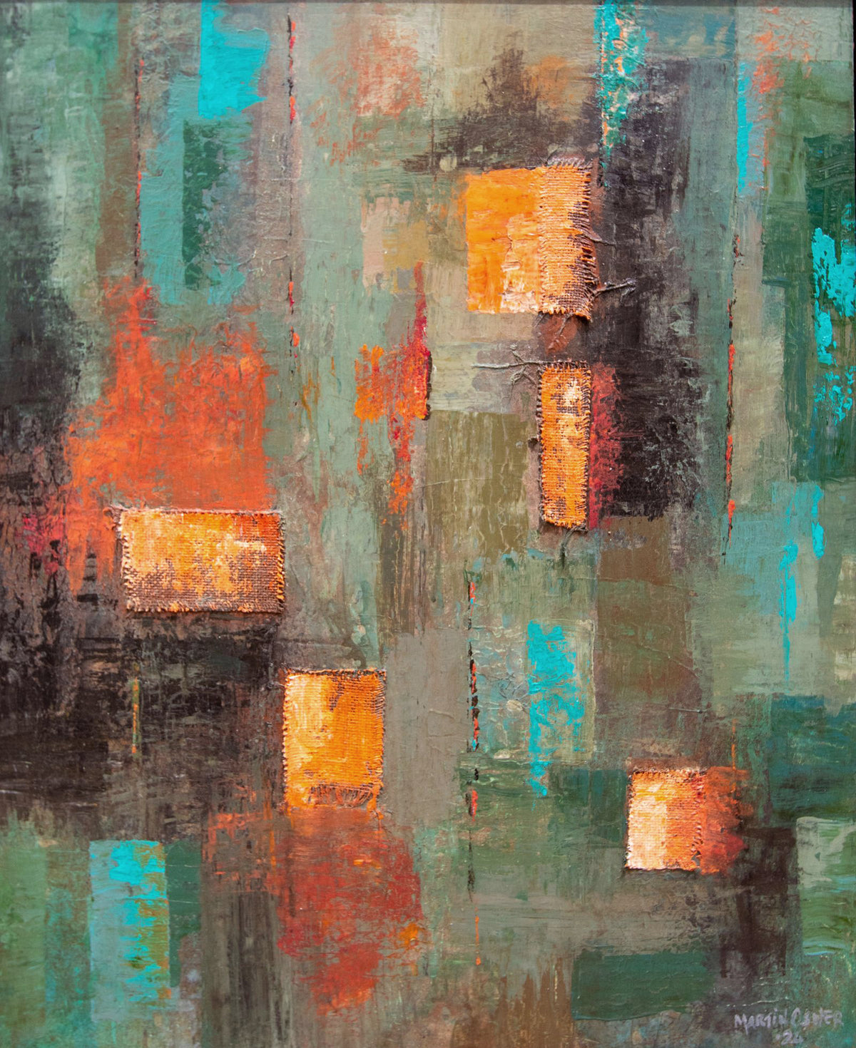 Threads of Alchemy by Martin Osner, an original abstract painting in orange and turquoise