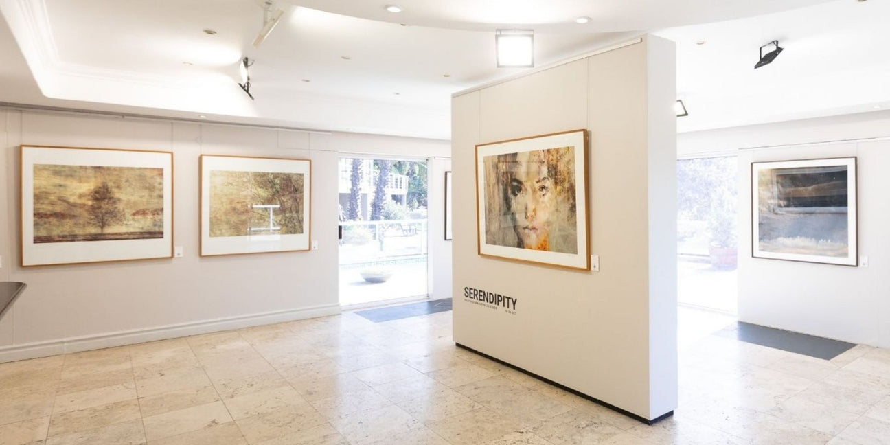 Interior view of Osner Art Gallery in Hout Bay, Cape Town, showcasing original paintings, mixed media, and fine art photography.