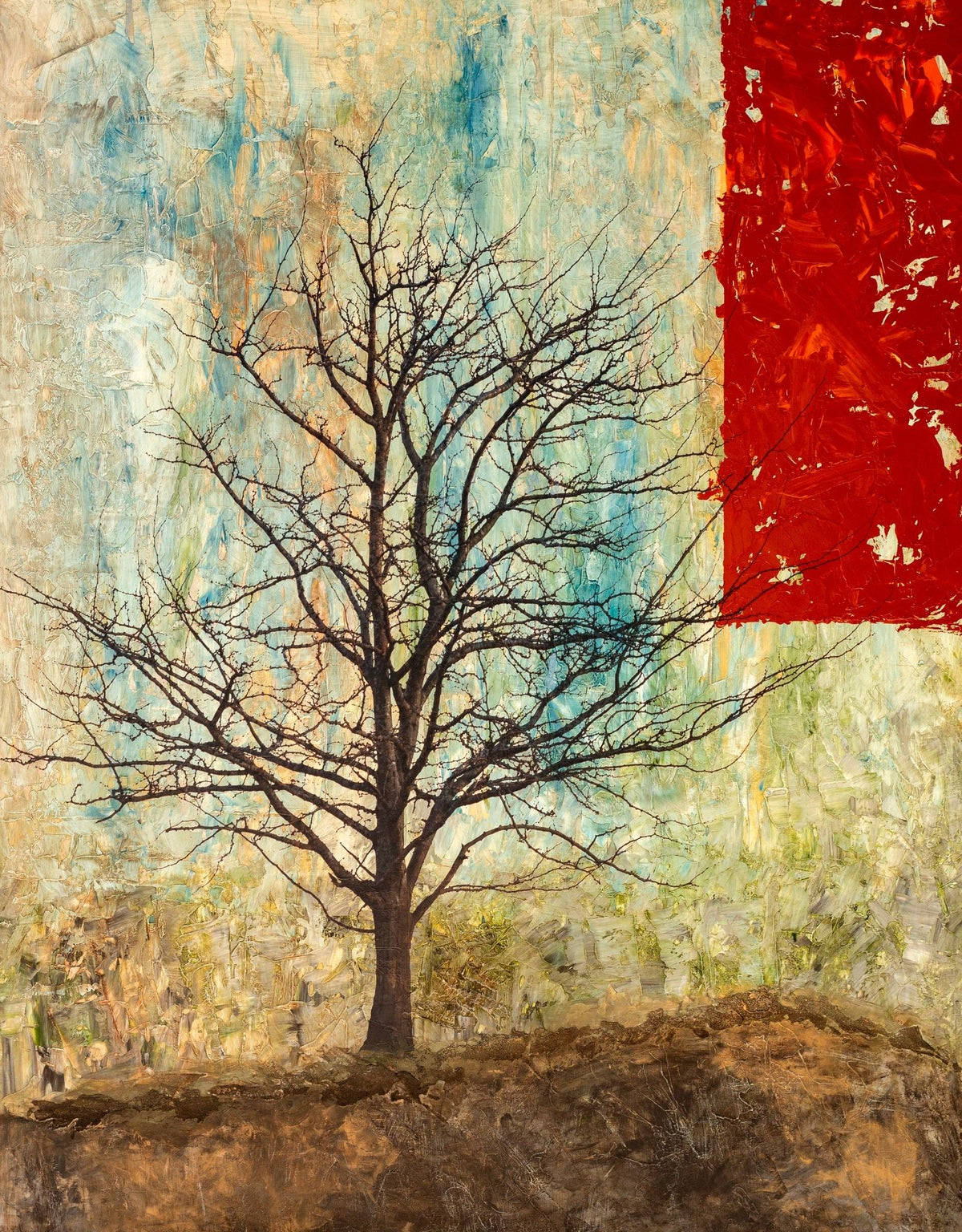 Rooted in Silence by Martin Osner, an original painting of a lone tree beside a red block