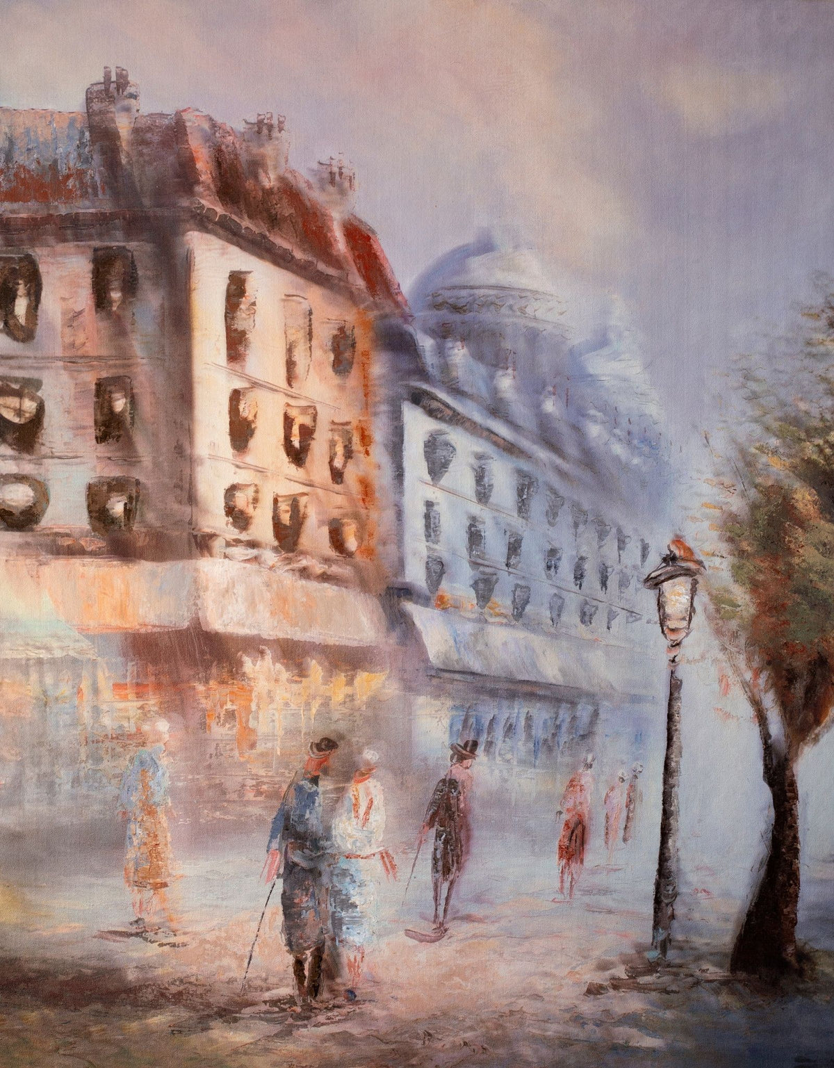 Boulevard Reverie by Samantha Lee Osner, a misty cityscape painting with drifting figures
