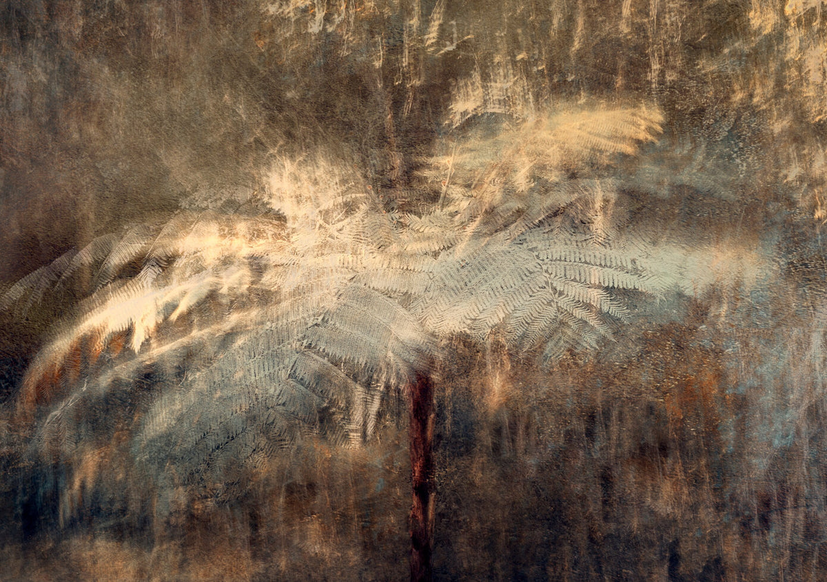 Leaves of Midnight by Samantha Lee Osner, a lone fern in teal and amber