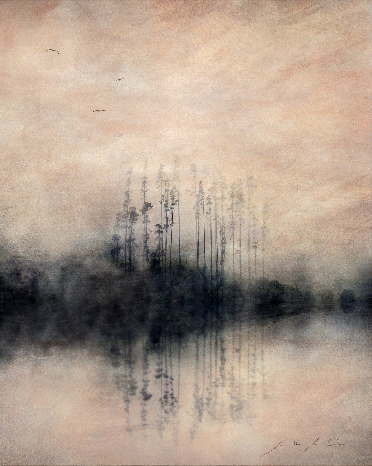Divine Harmony by Samantha Lee Osner, misty trees reflected in still water