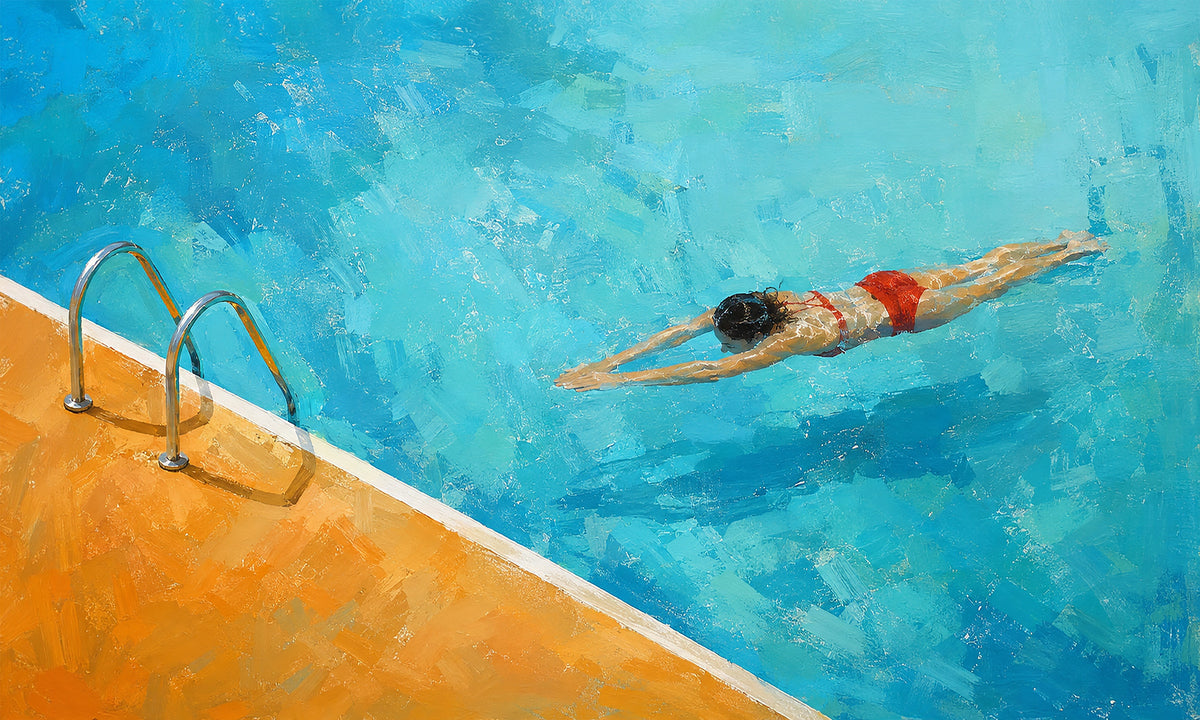 Summer Time by Martin Osner, an original painting of a swimmer diving into a pool