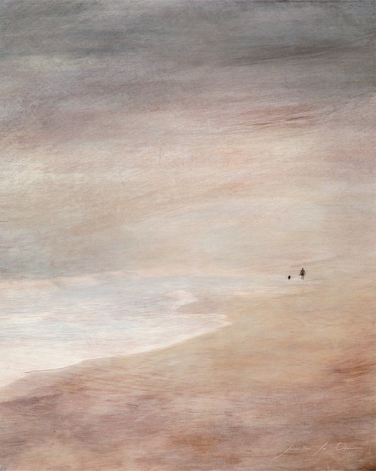 Wander by Samantha Lee Osner, a figure and a dog on a wide pale shore
