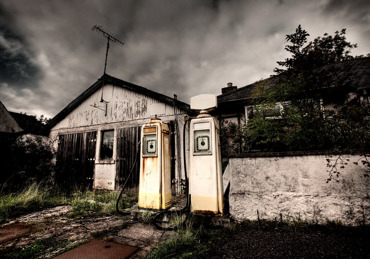 Abandoned No.17 by Martin Osner, an Ullapool Scotland print of two old petrol pumps