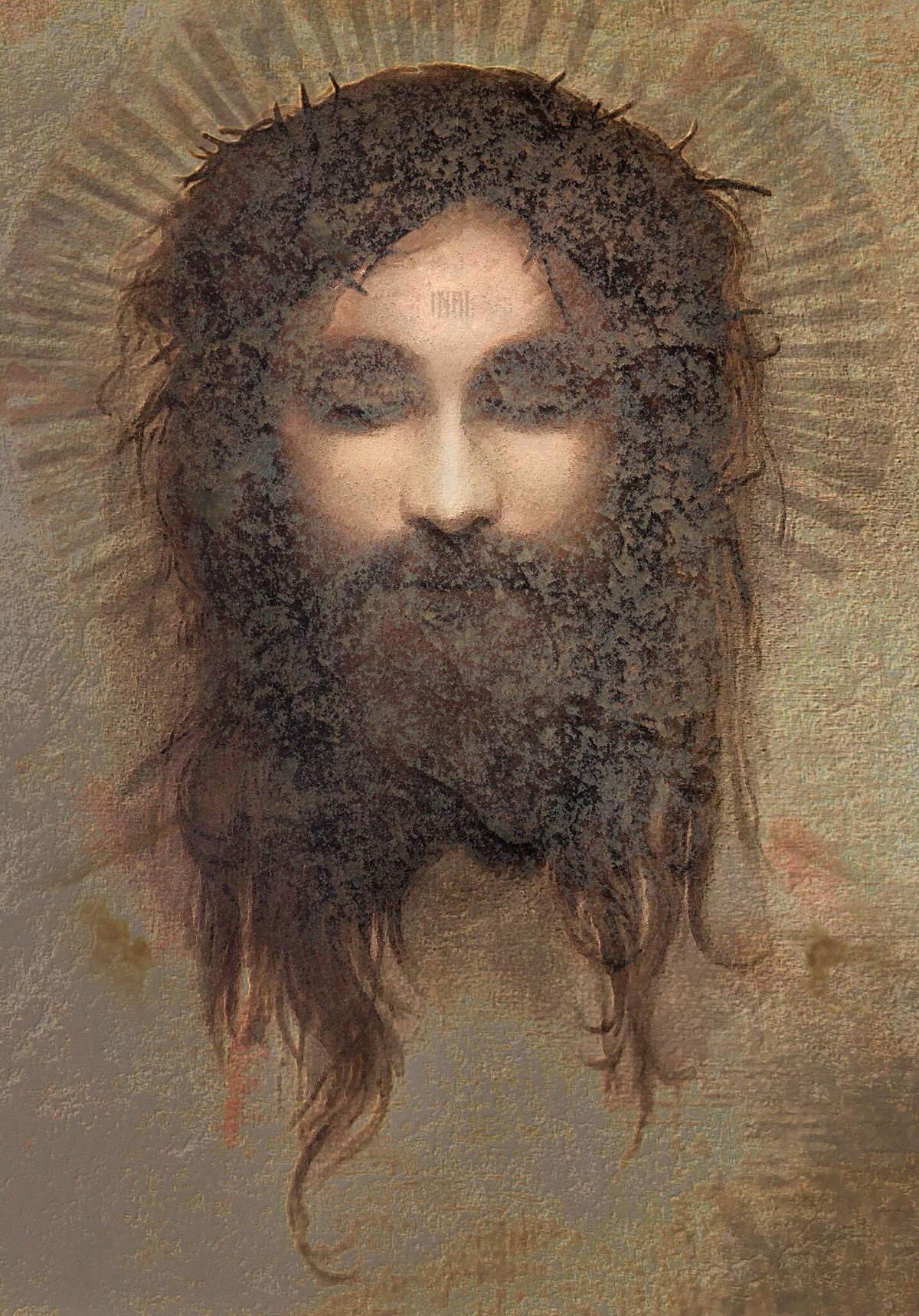 INRI by Martin Osner, a portrait of Jesus with a halo and closed eyes